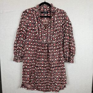 Isabel Marant red black geometric silk dress ruffled collar Size 3 *damaged read